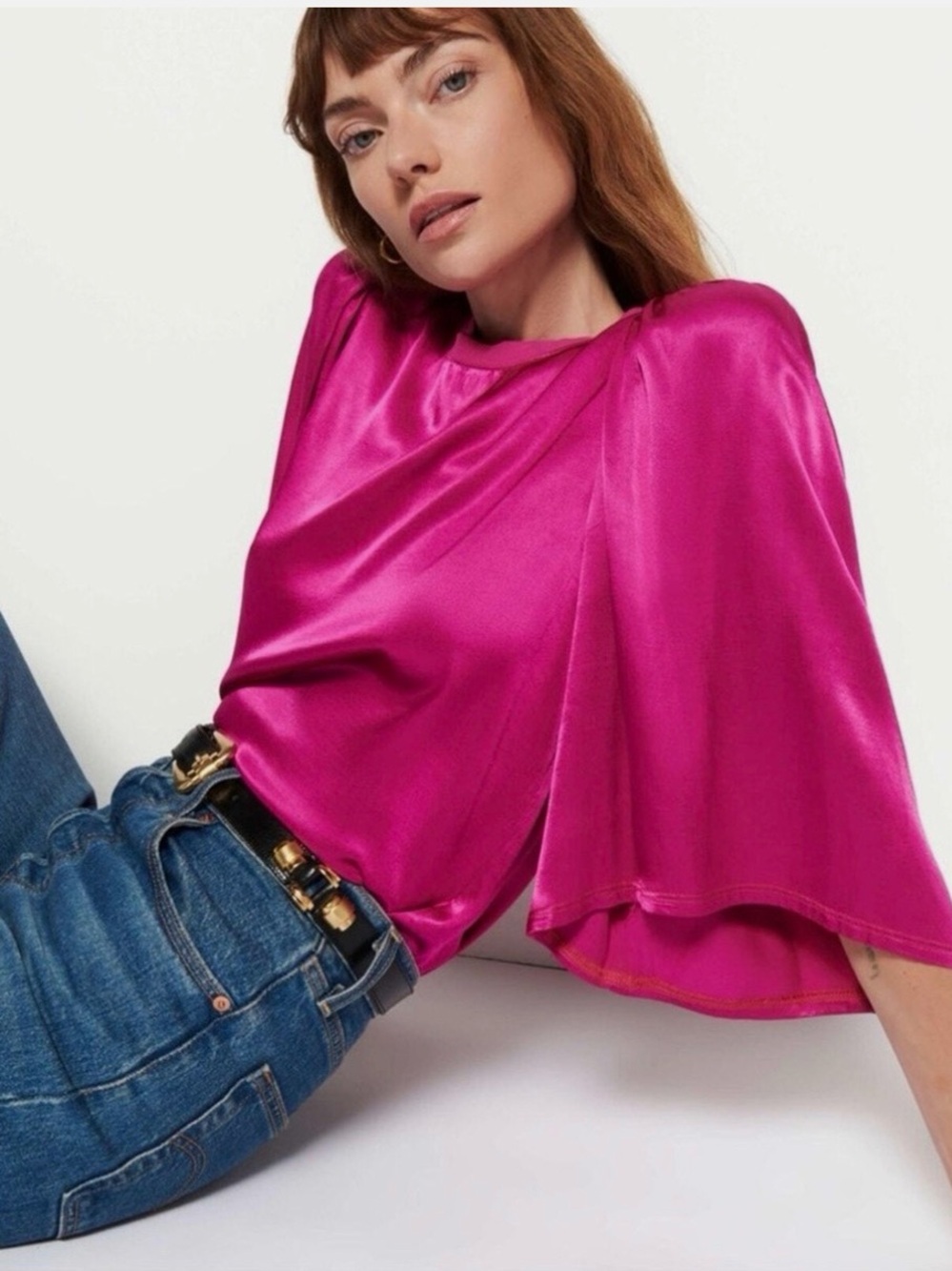 Nation LTD Fuchsia Donna Satin Bell Sleeve Blouse Top Magenta Pink Anthropologie